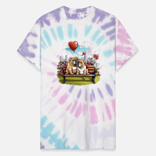 A lovely bulldog couple sitting on a park bench