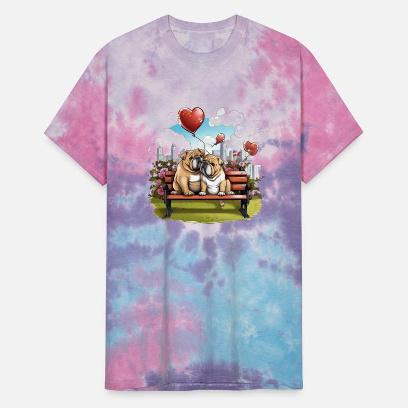 A lovely bulldog couple sitting on a park bench