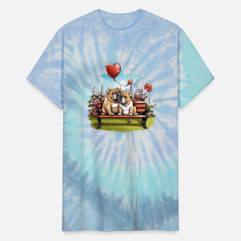 A lovely bulldog couple sitting on a park bench