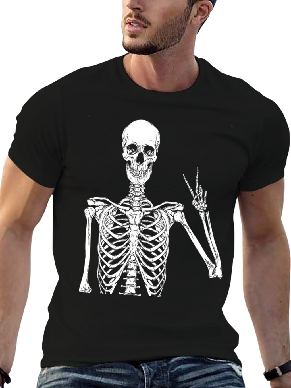 Skeleton Peace Sign Graphic T-Shirt - Black