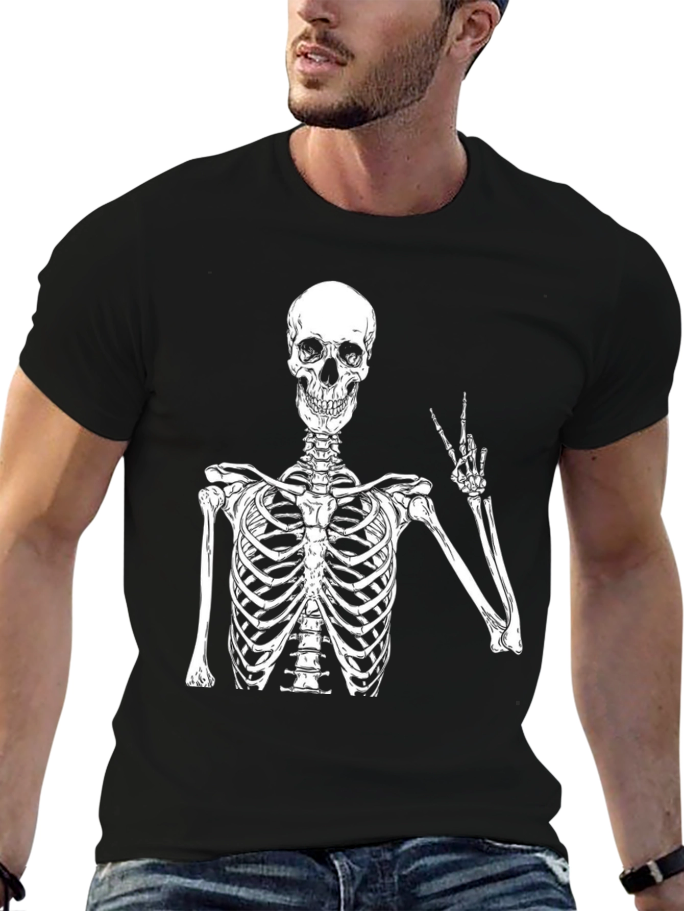 Skeleton Peace Sign Graphic T-Shirt - Black