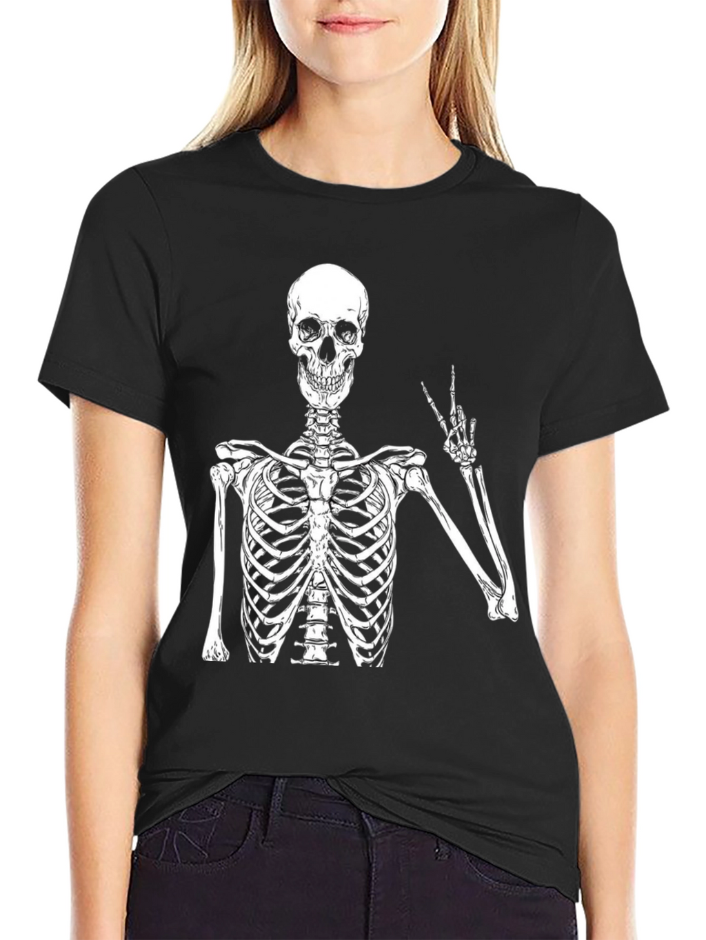 Skeleton Peace Sign Graphic T-Shirt - Black