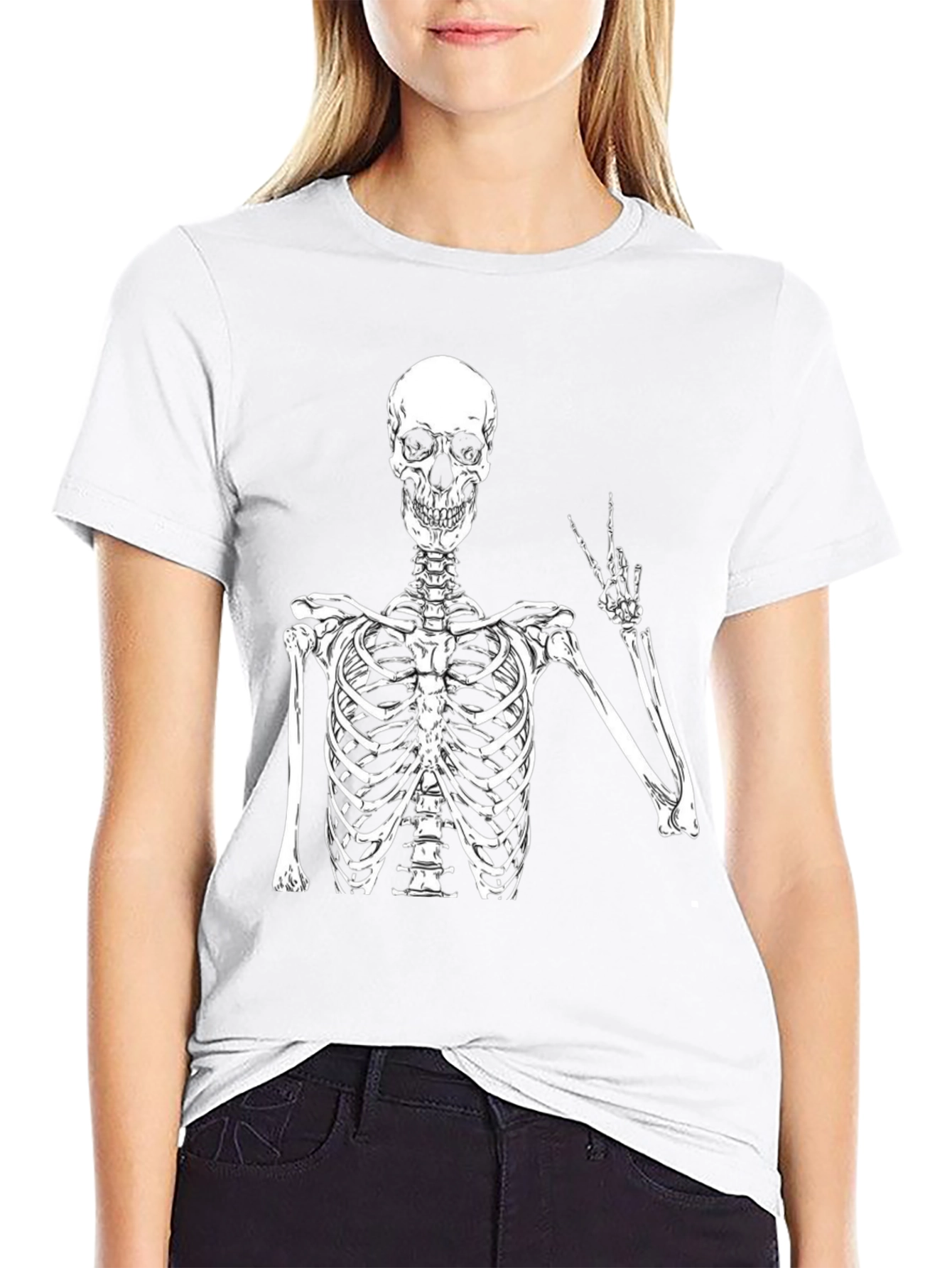 Skeleton Peace Sign Graphic T-Shirt - Black