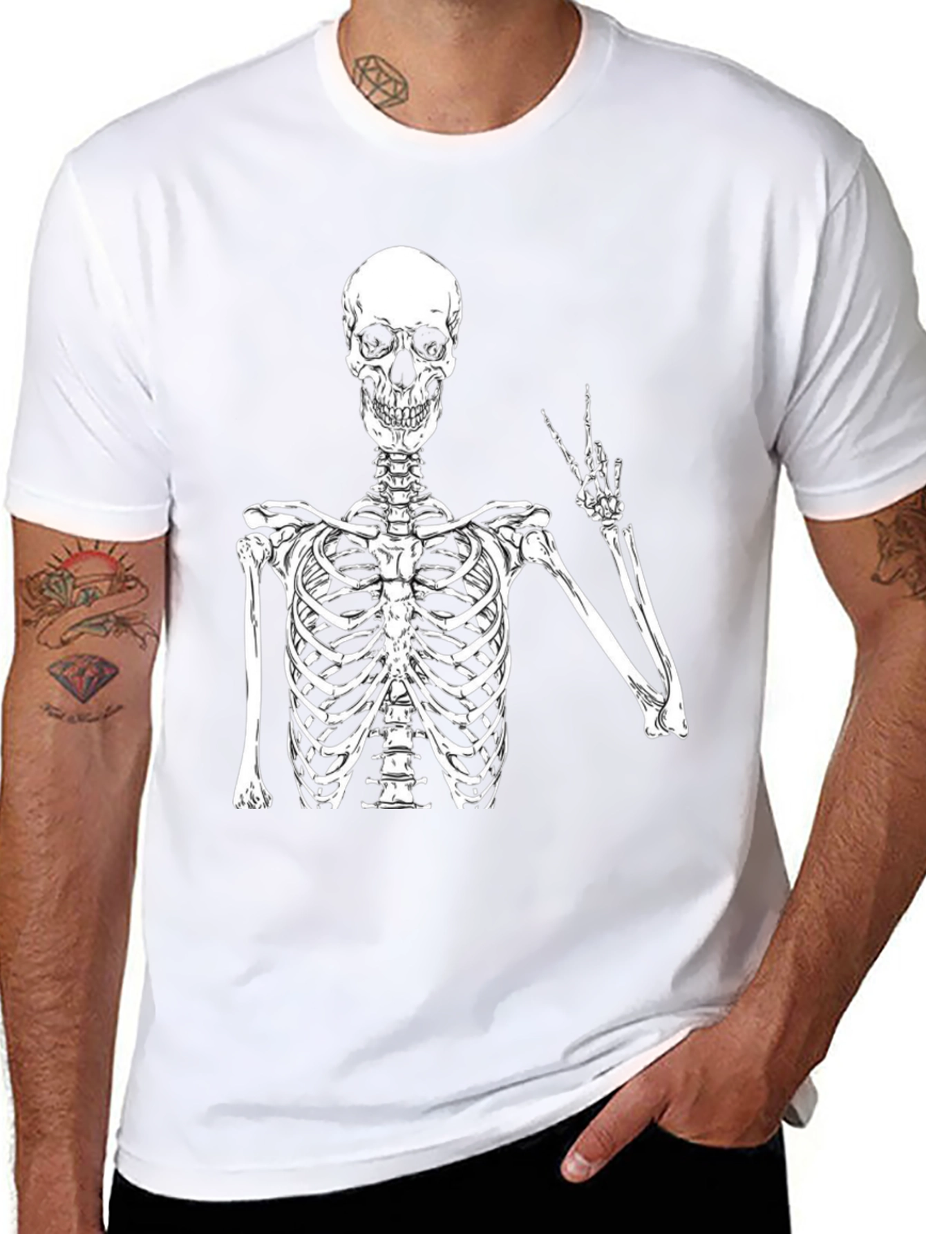 Skeleton Peace Sign Graphic T-Shirt - Black
