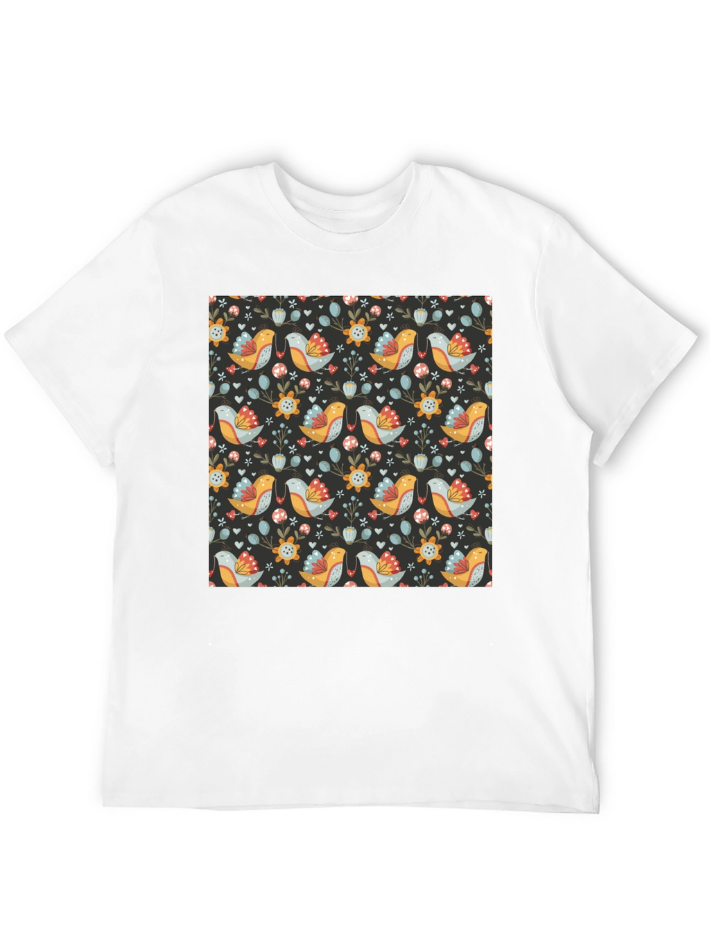 Floral Bird Pattern Black T-Shirt