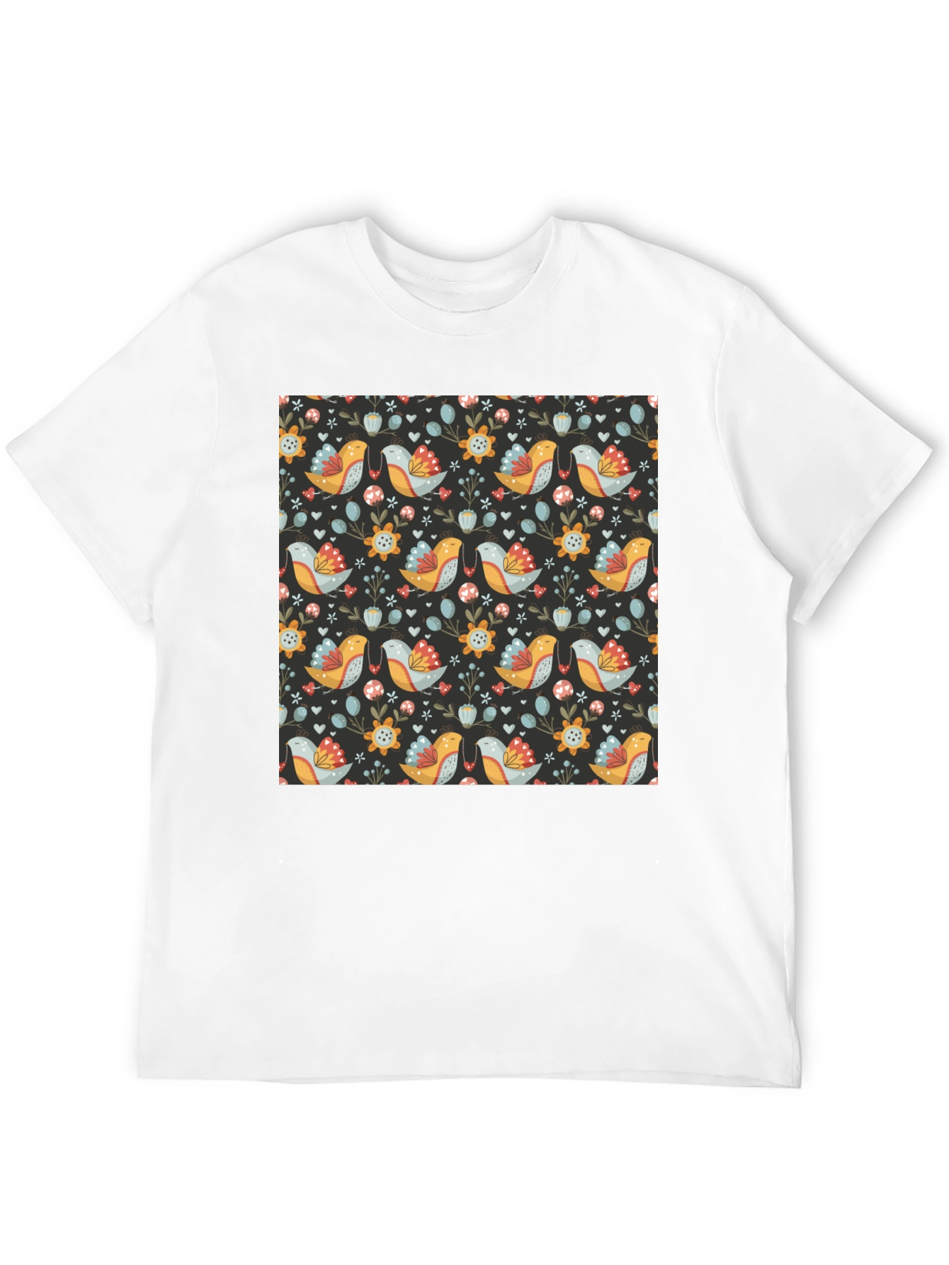 Floral Bird Pattern Black T-Shirt