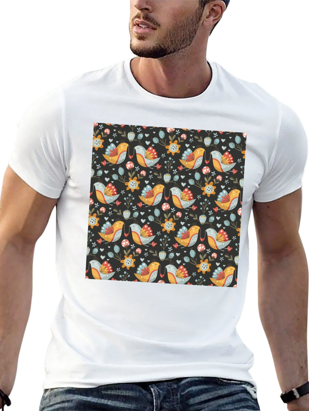 Floral Bird Pattern Black T-Shirt