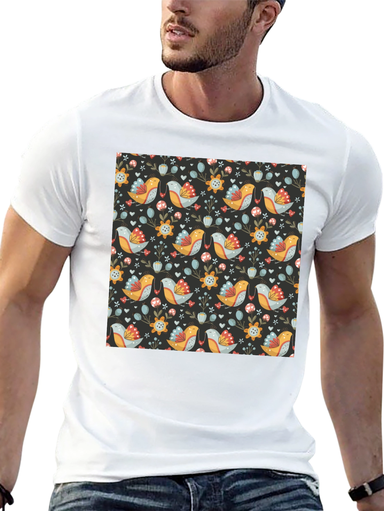 Floral Bird Pattern Black T-Shirt