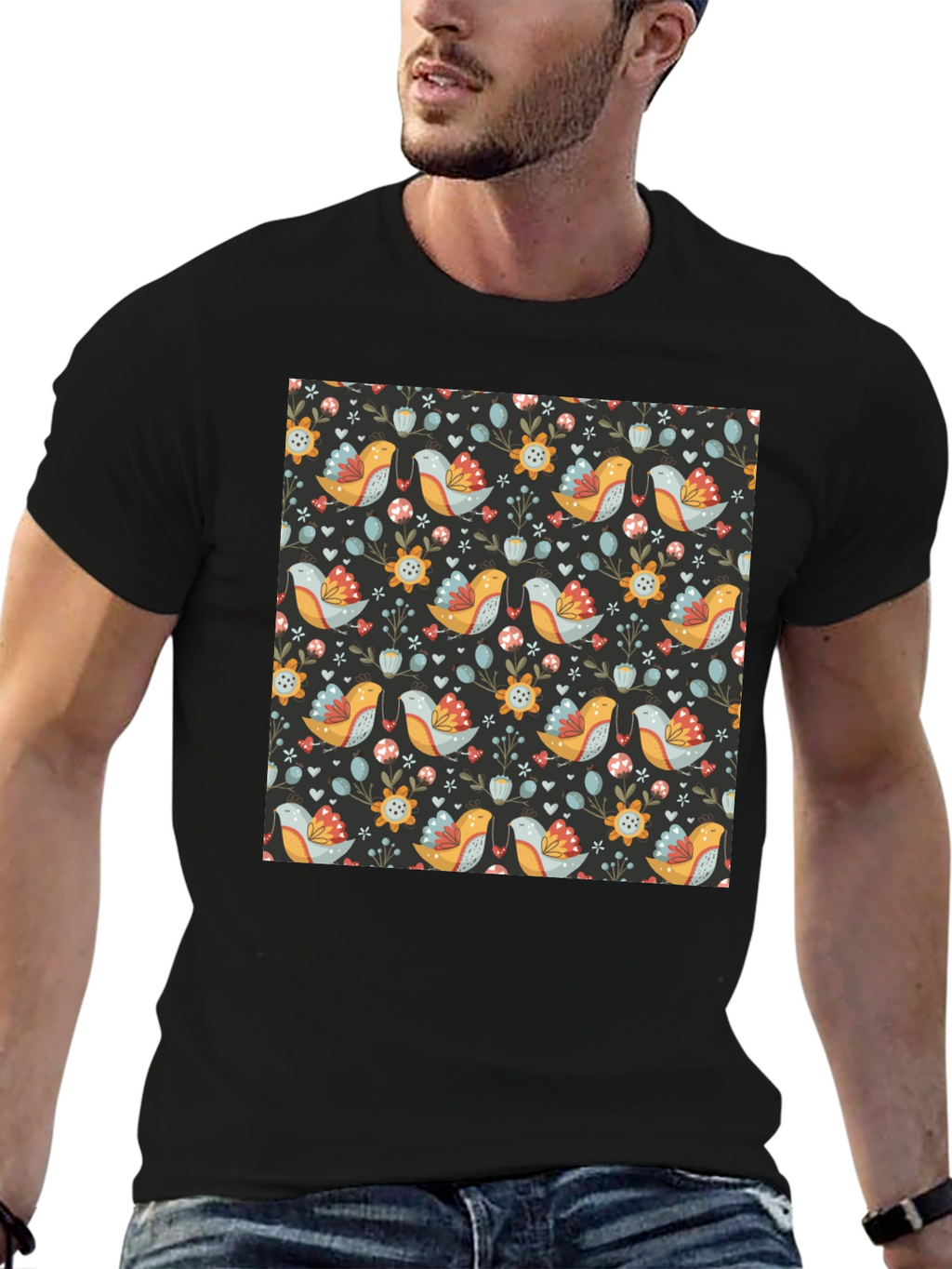 Floral Bird Pattern Black T-Shirt