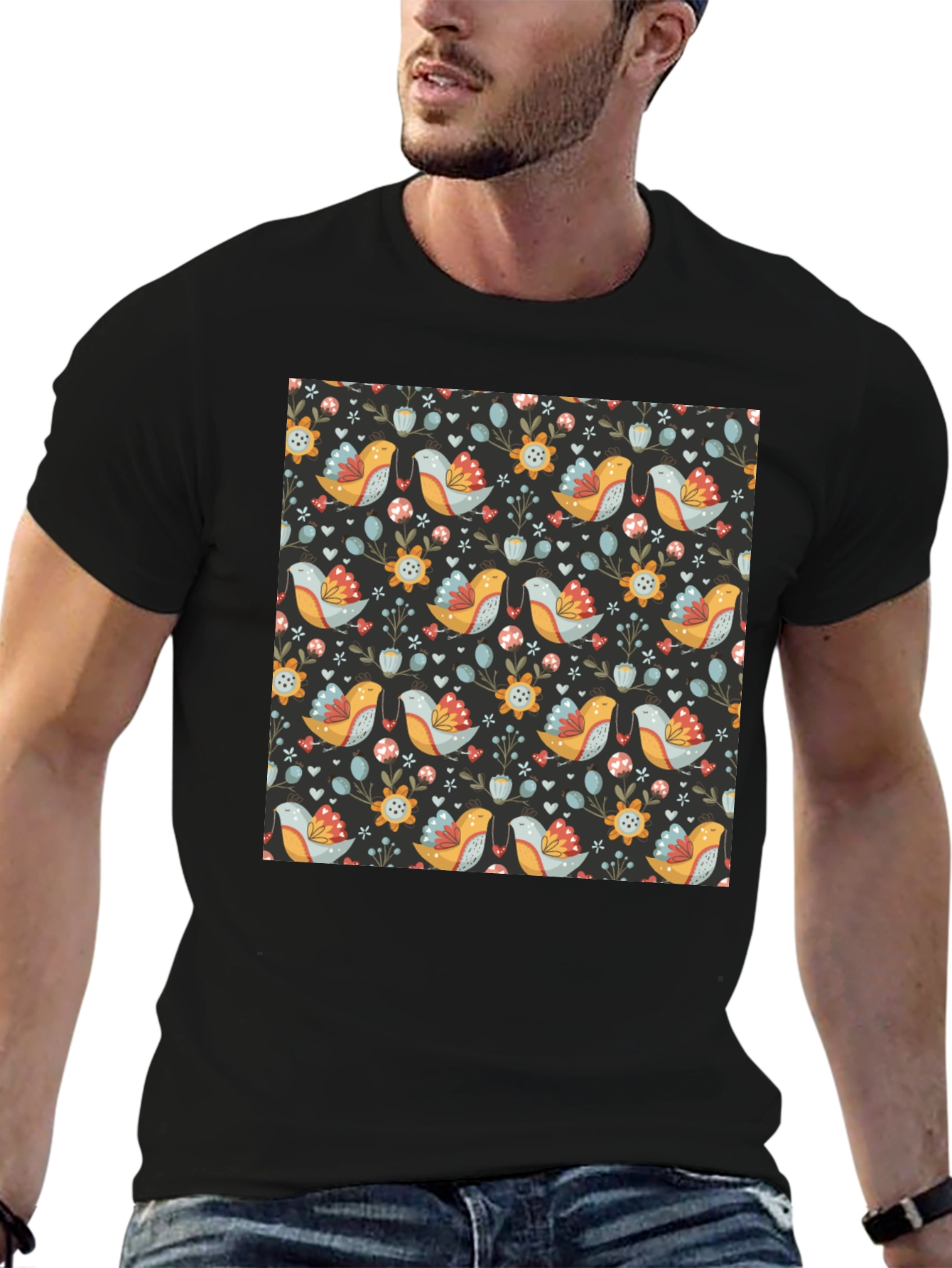 Floral Bird Pattern Black T-Shirt