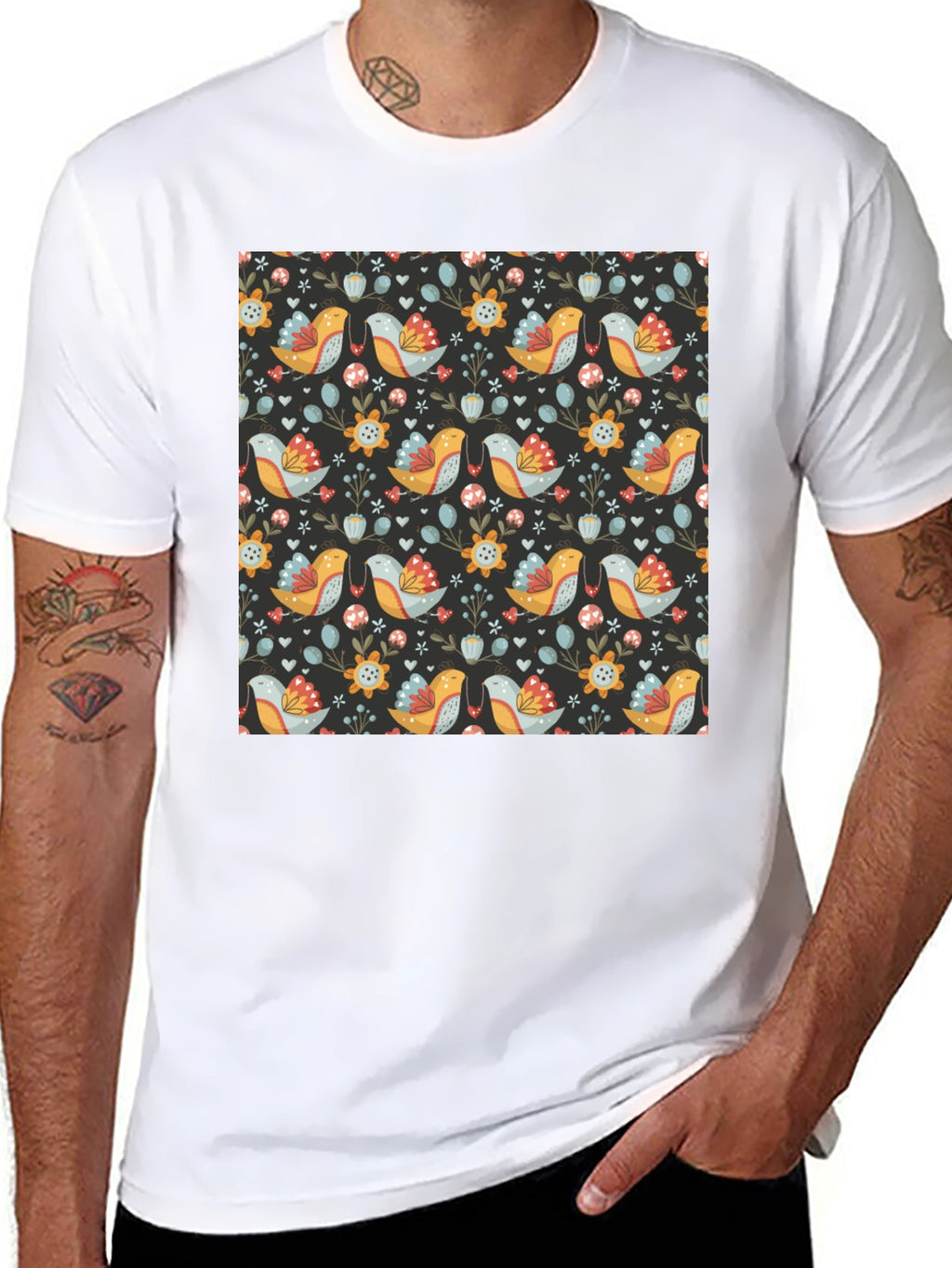 Floral Bird Pattern Black T-Shirt