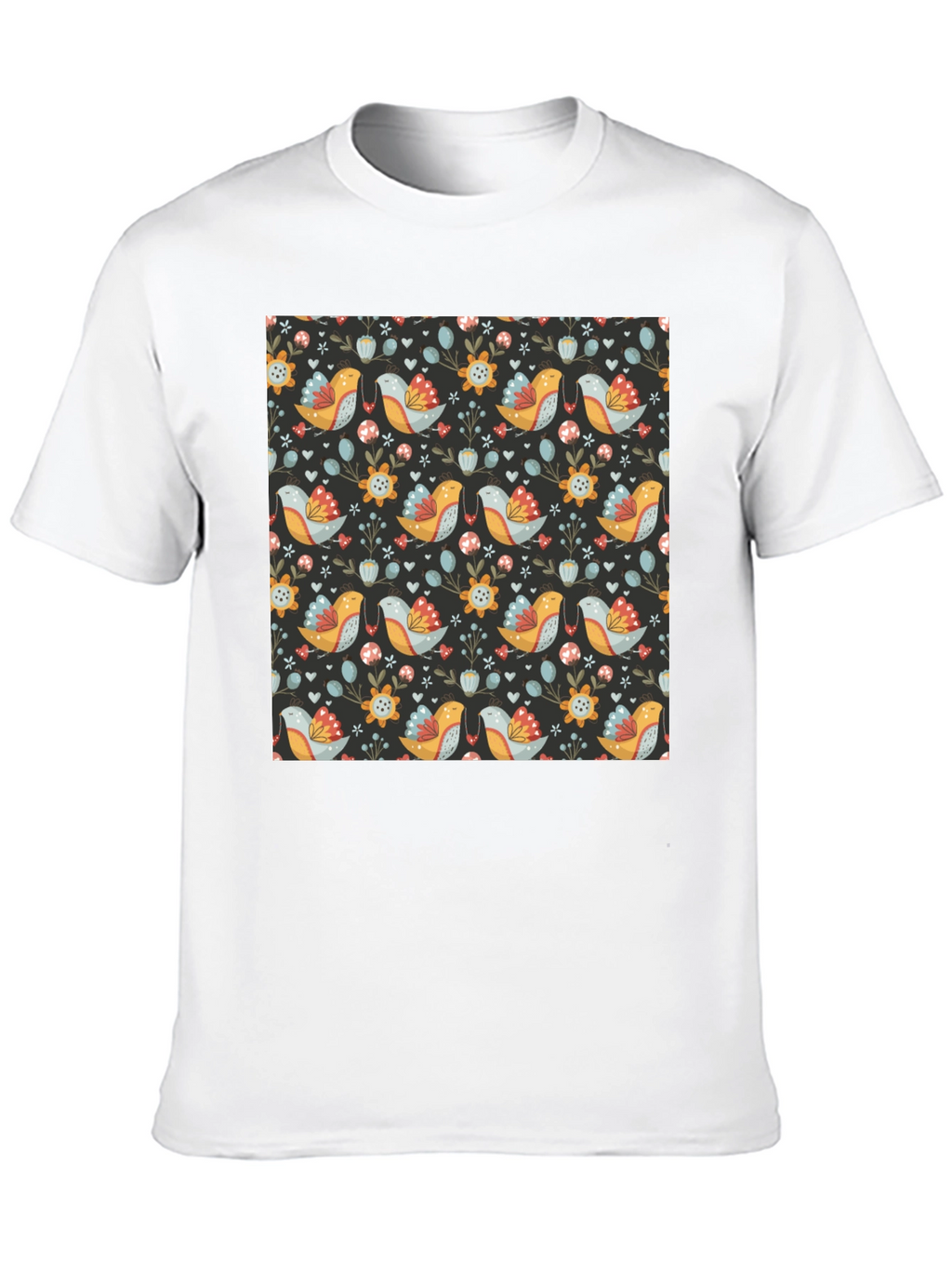 Floral Bird Pattern Black T-Shirt