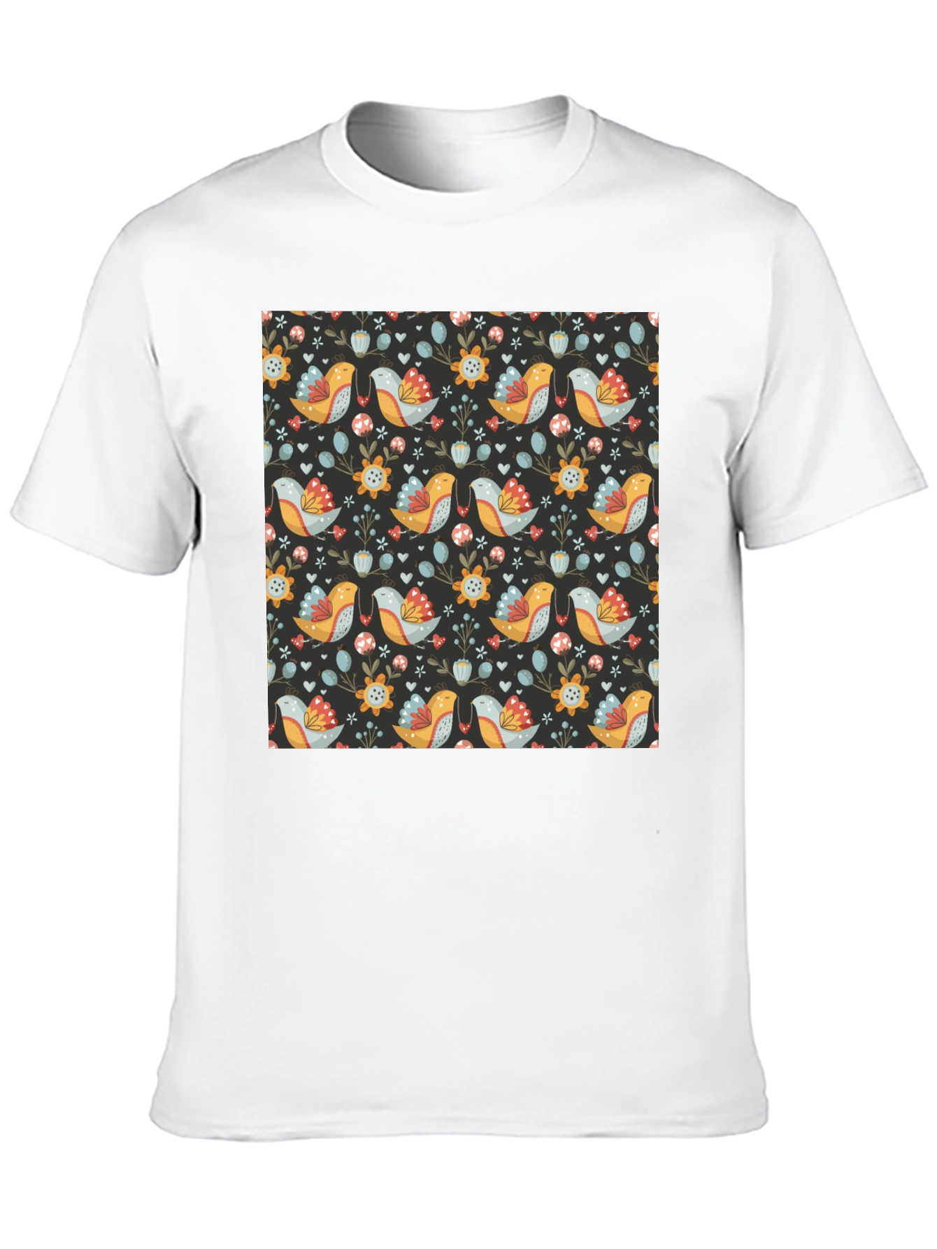 Floral Bird Pattern Black T-Shirt