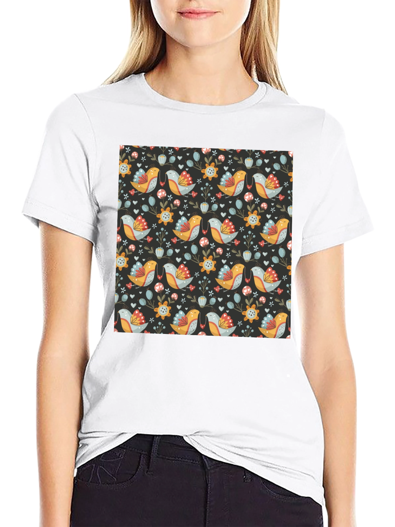 Floral Bird Pattern Black T-Shirt