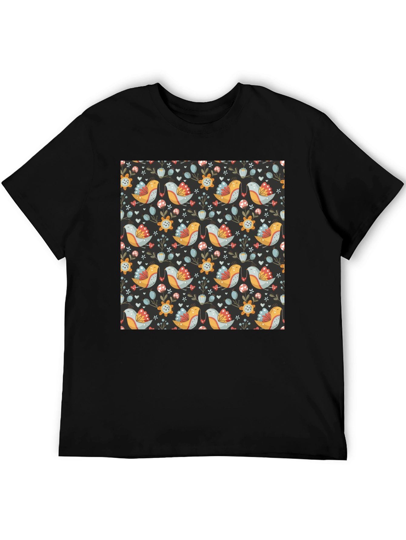 Floral Bird Pattern Black T-Shirt