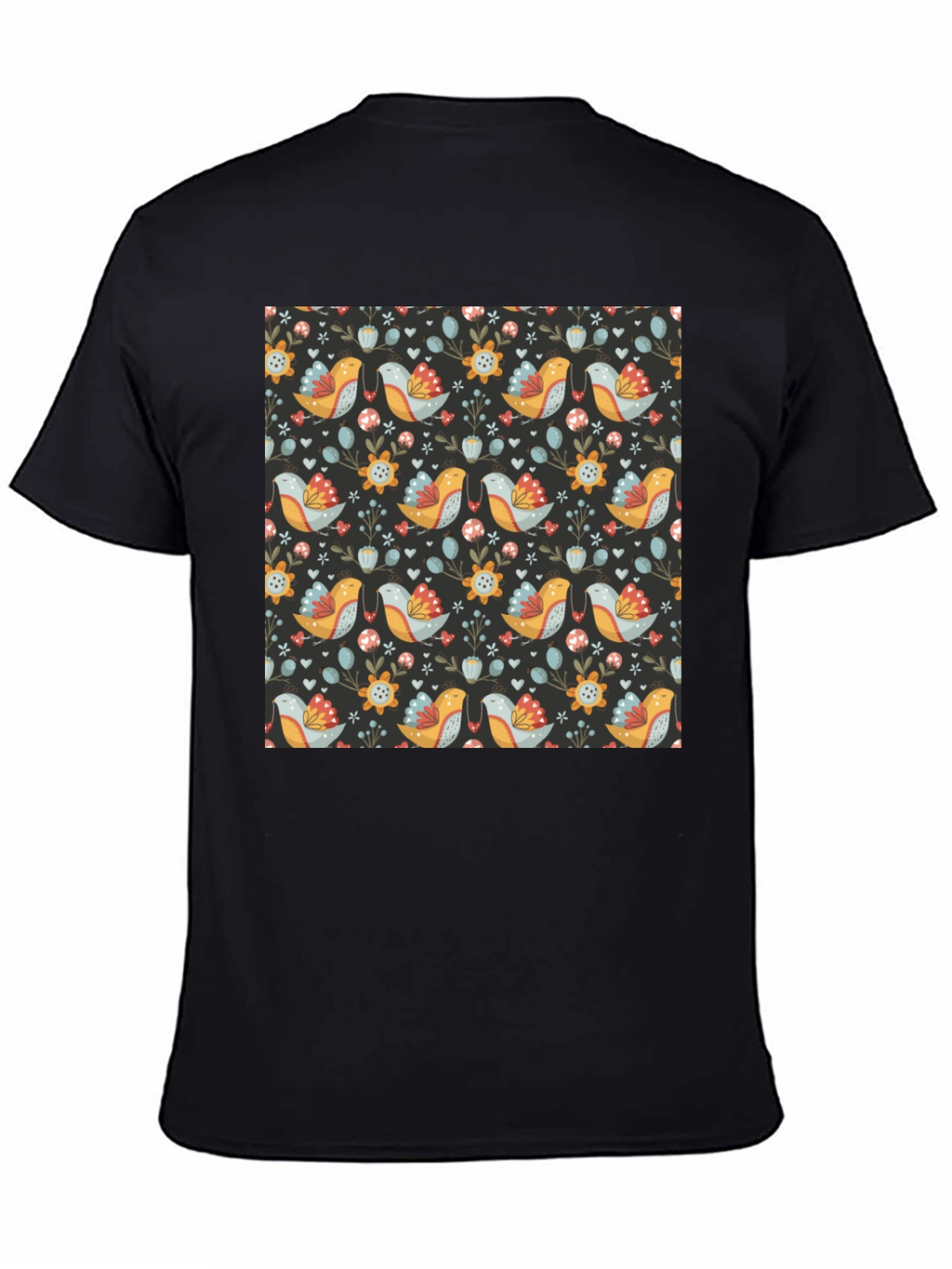Floral Bird Pattern Black T-Shirt