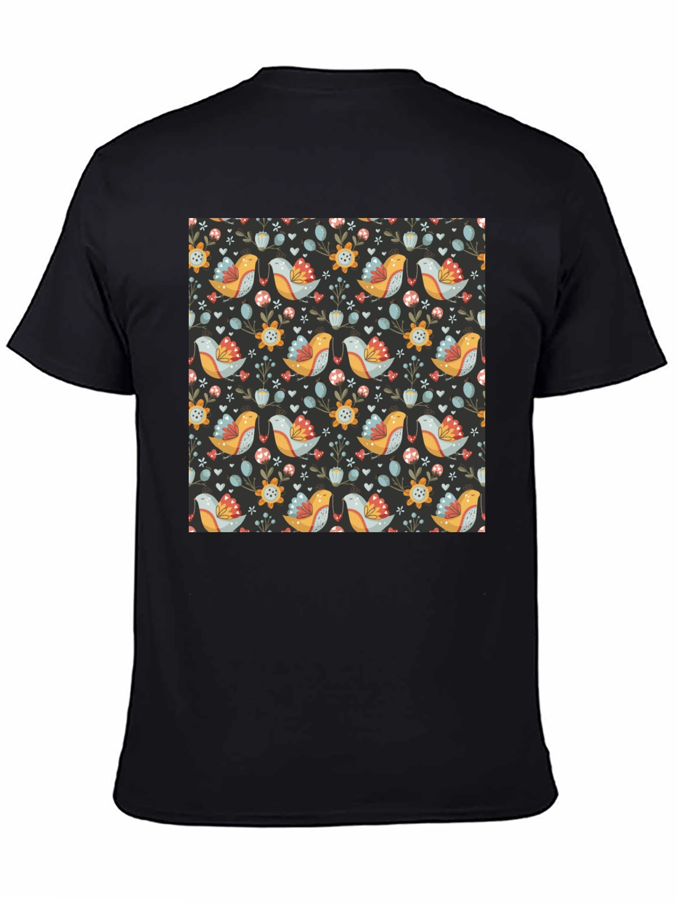 Floral Bird Pattern Black T-Shirt