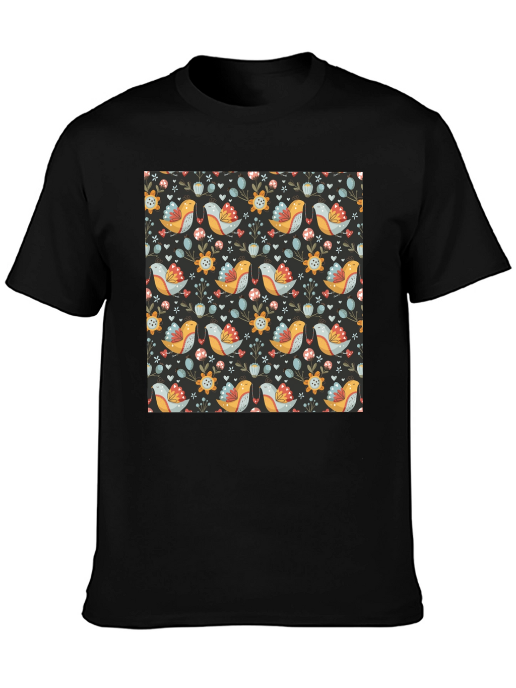 Floral Bird Pattern Black T-Shirt