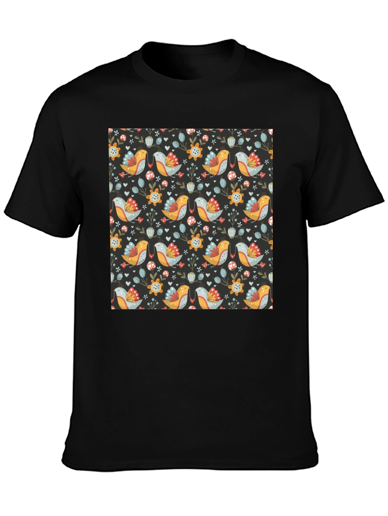 Floral Bird Pattern Black T-Shirt