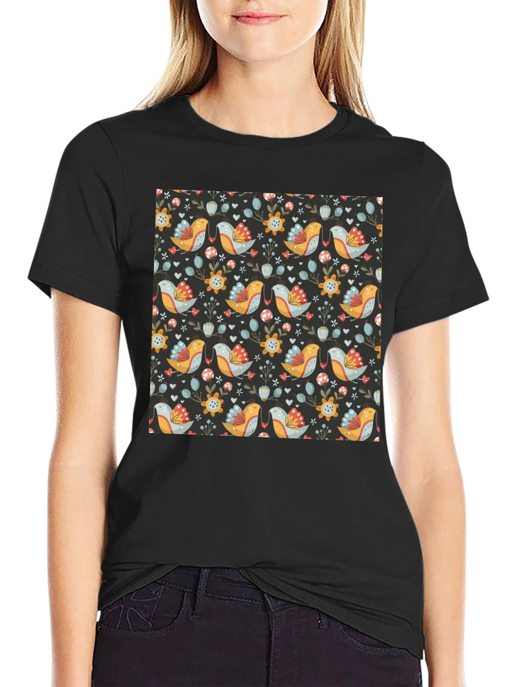 Floral Bird Pattern Black T-Shirt
