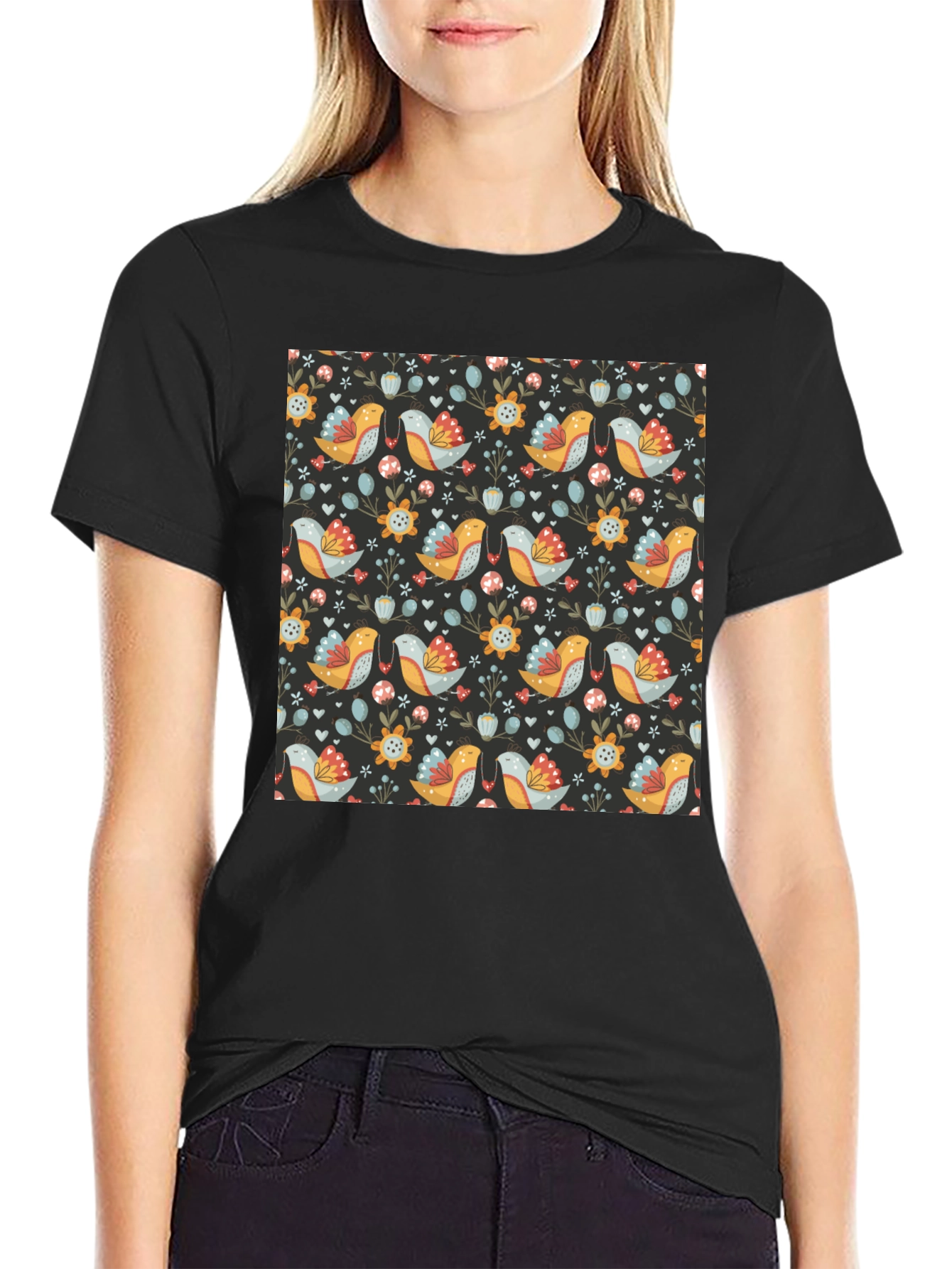 Floral Bird Pattern Black T-Shirt