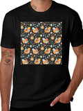 Floral Bird Pattern Black T-Shirt