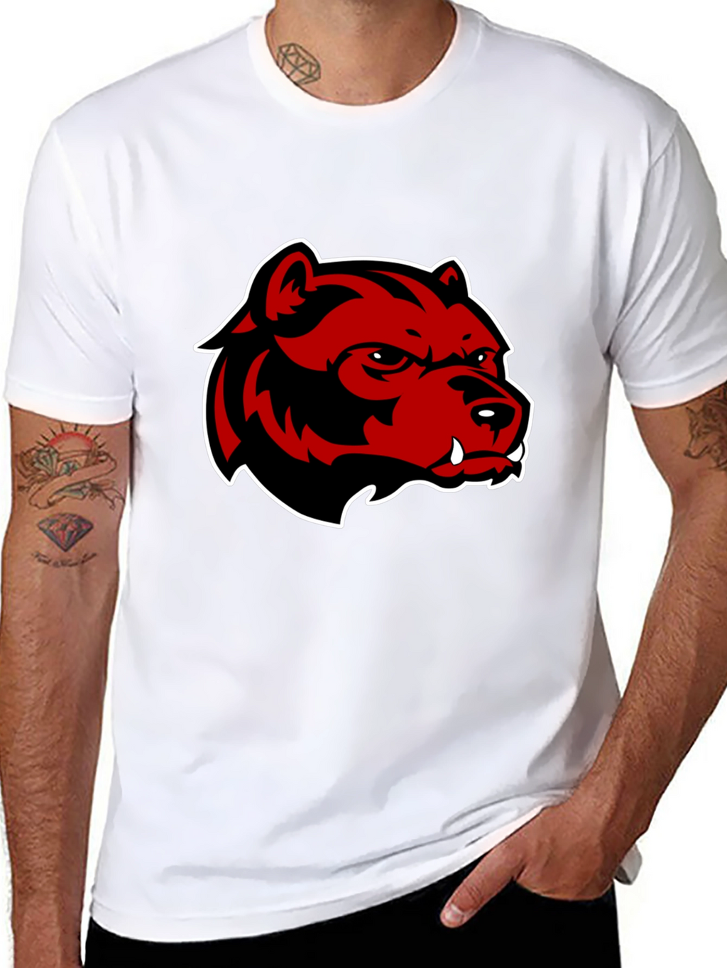 Mens Black T-Shirt with Red Bear Graphic