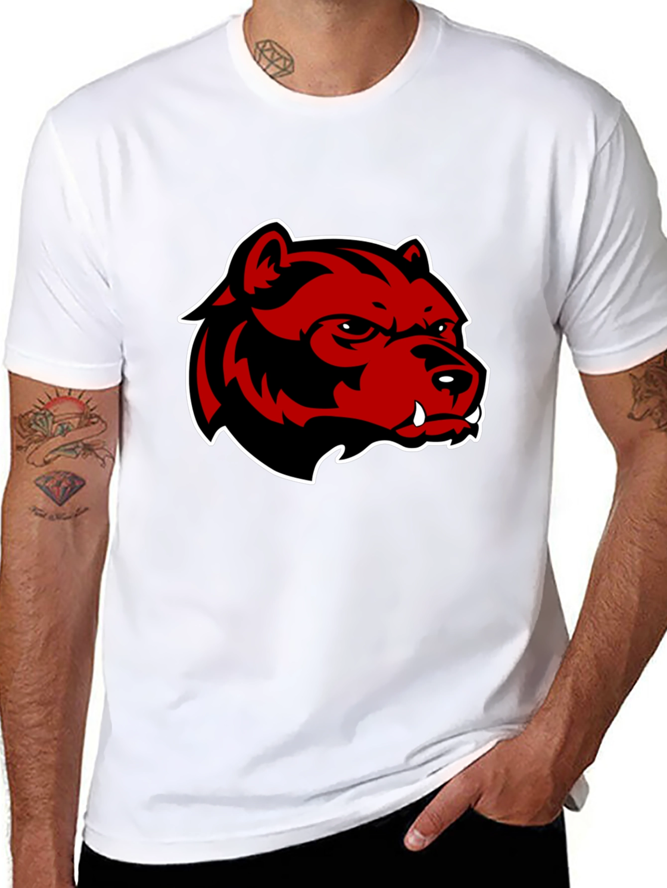 Mens Black T-Shirt with Red Bear Graphic