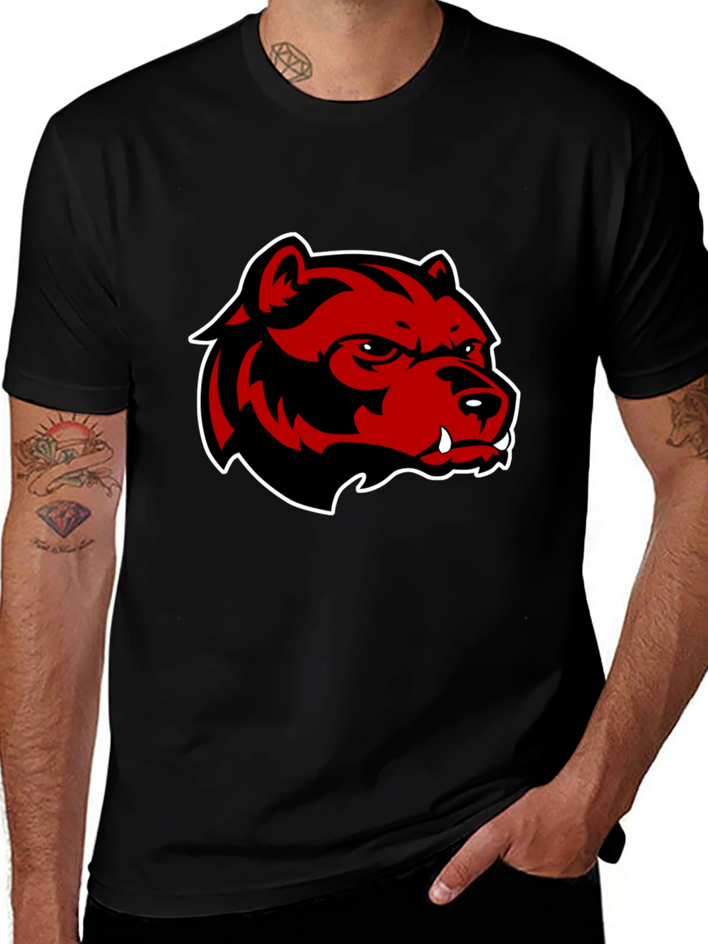 Mens Black T-Shirt with Red Bear Graphic