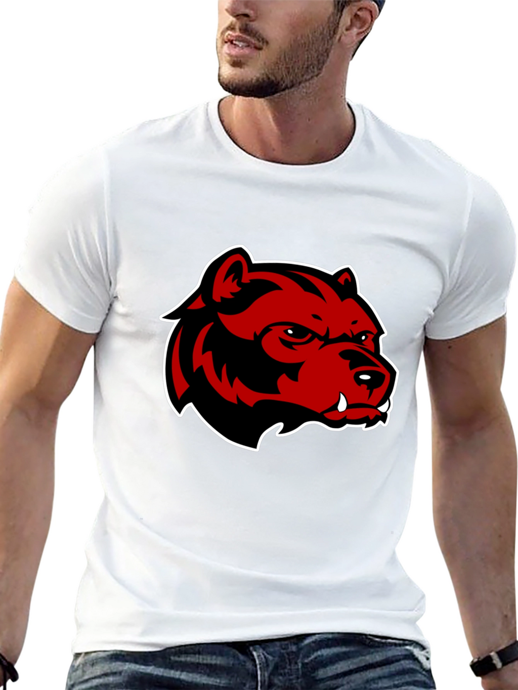 Mens Black T-Shirt with Red Bear Graphic