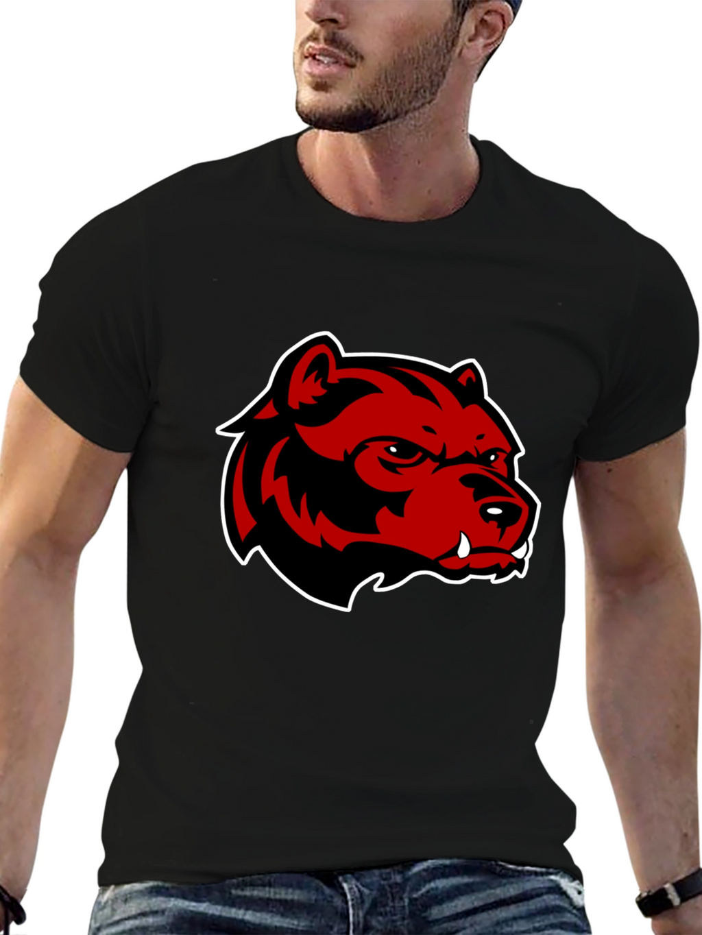 Mens Black T-Shirt with Red Bear Graphic
