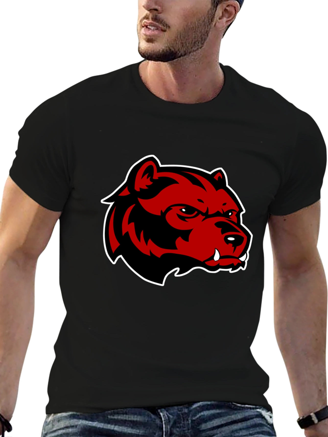 Mens Black T-Shirt with Red Bear Graphic