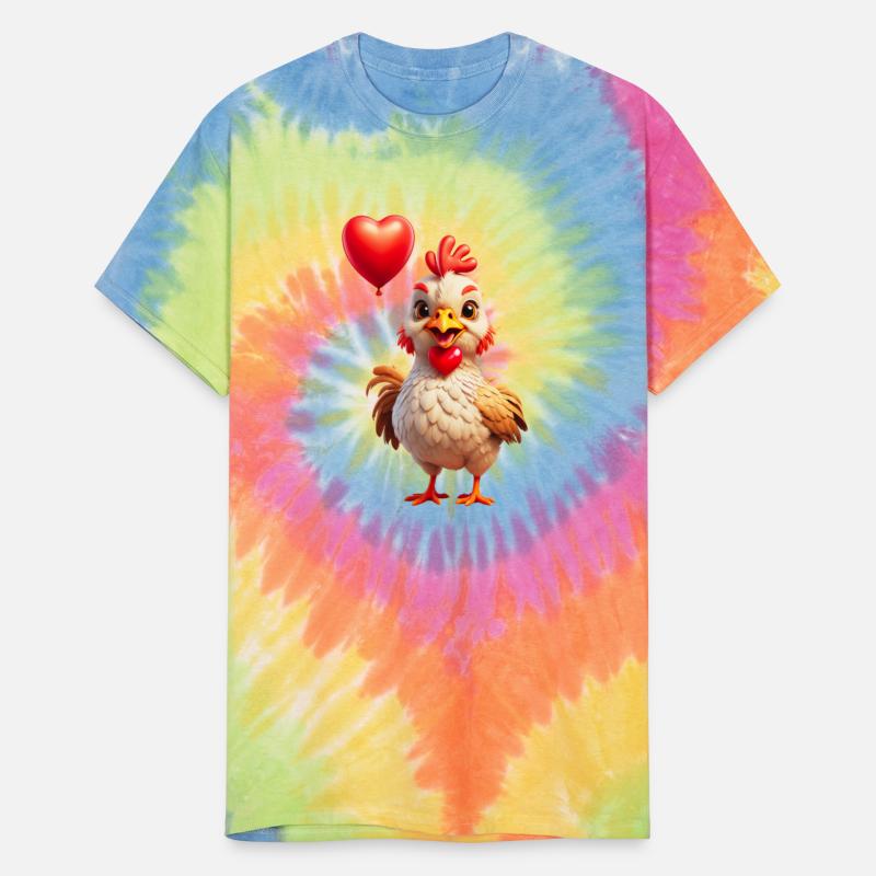 Adorable chicken with heart shaped balloon.