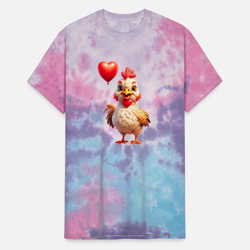 Adorable chicken with heart shaped balloon.