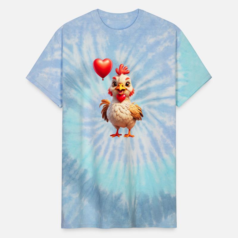 Adorable chicken with heart shaped balloon.