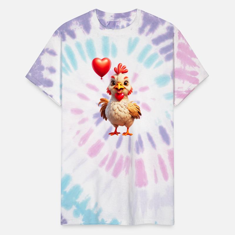 Adorable chicken with heart shaped balloon.