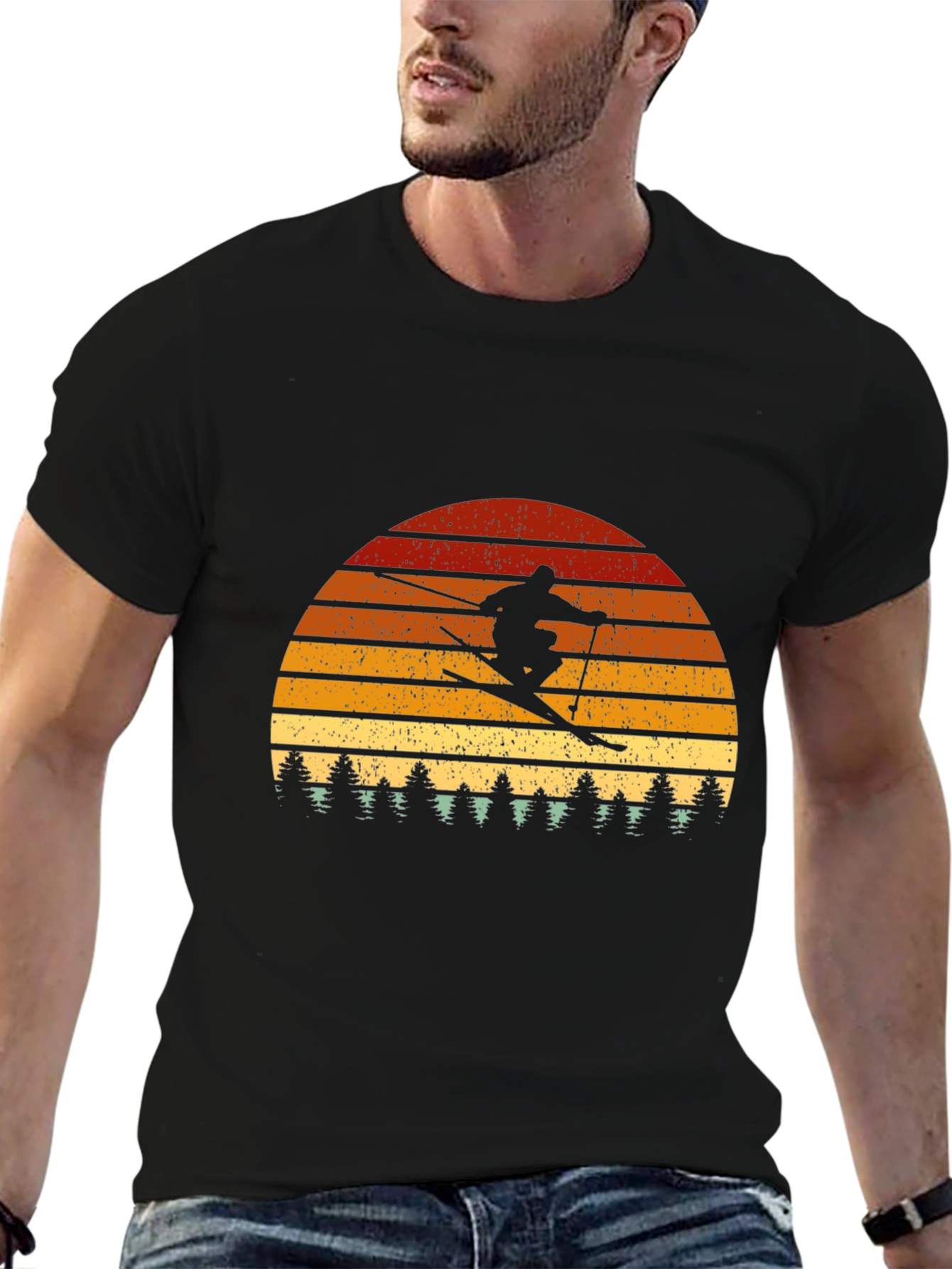 Retro Skier Graphic Tee - Black Cotton Blend