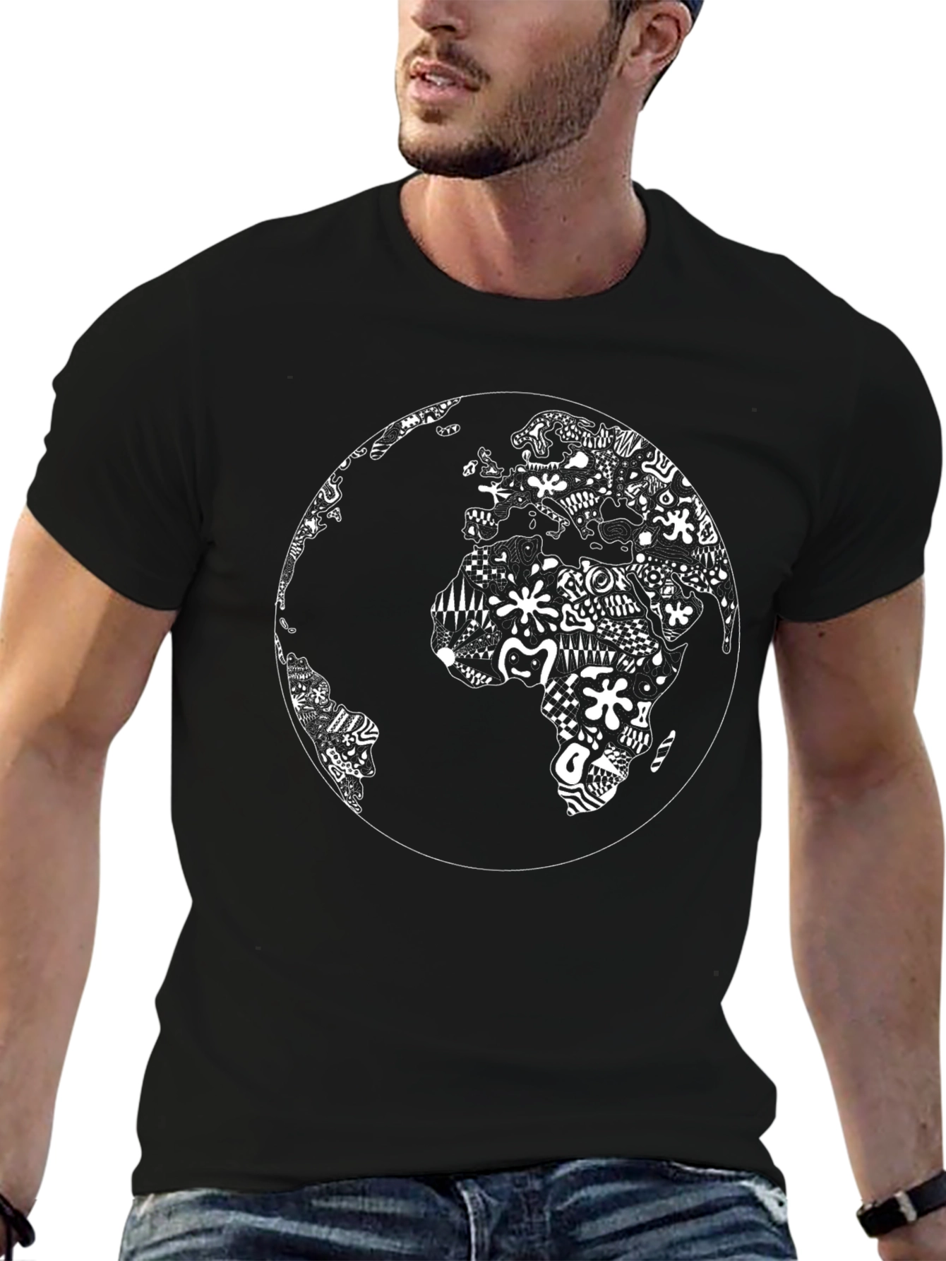 Abstract World Map Graphic Tee - Black