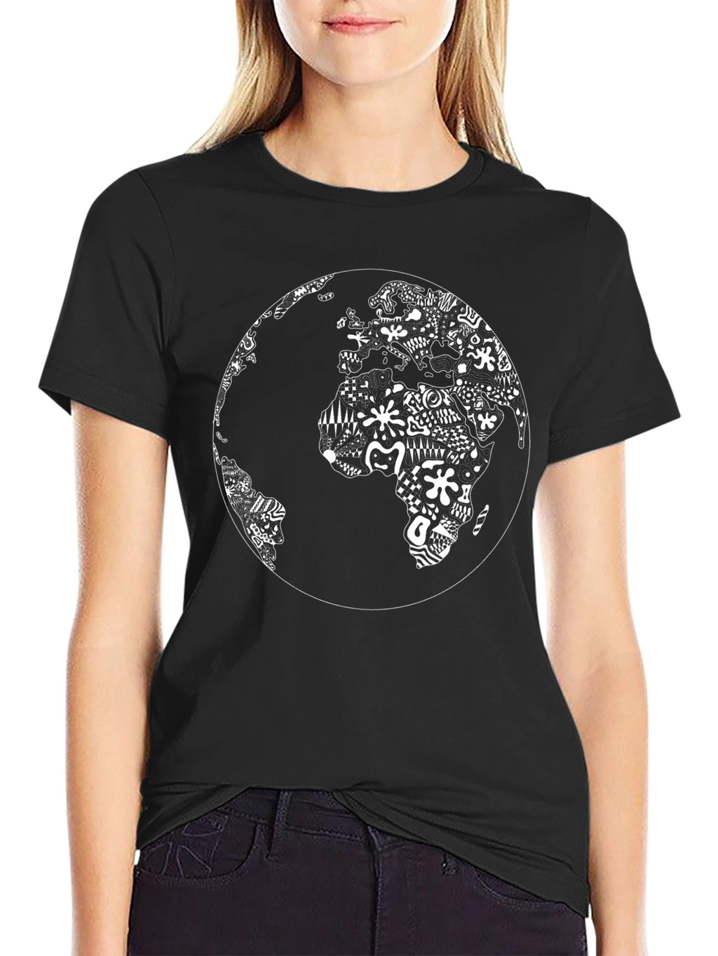 Abstract World Map Graphic Tee - Black