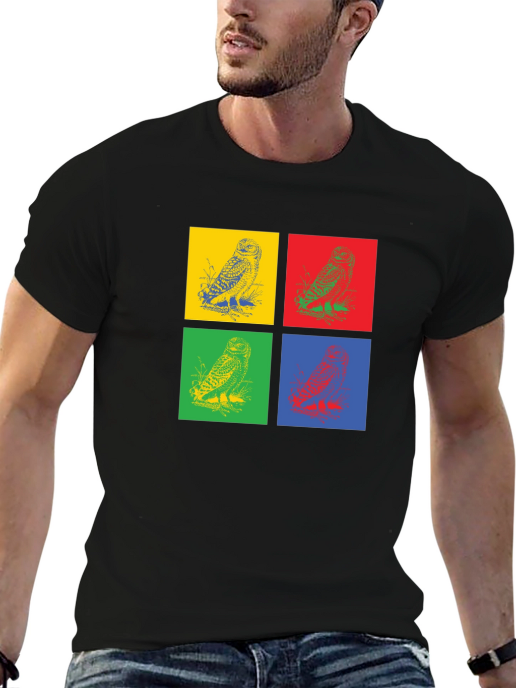 Owl Pop Art Graphic Black T-Shirt