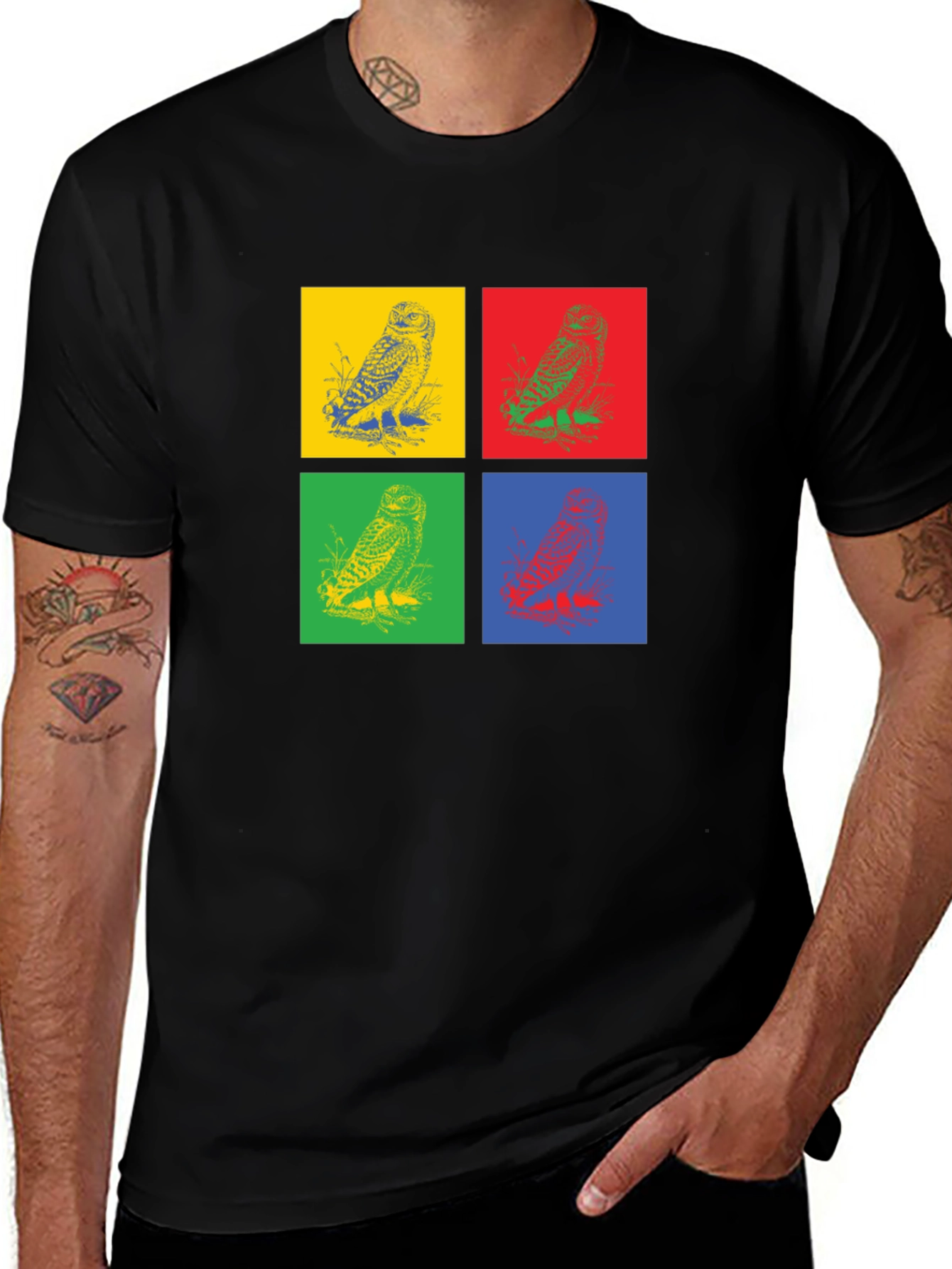 Owl Pop Art Graphic Black T-Shirt