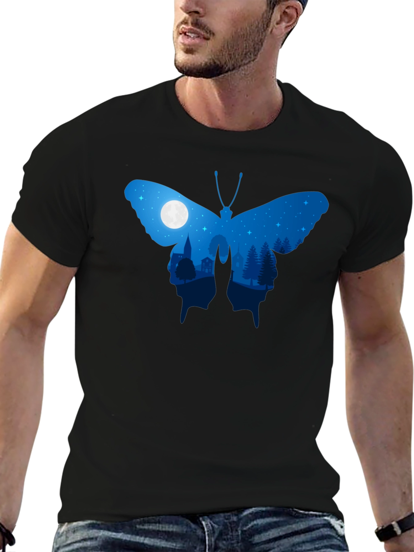 Butterfly Nightscape Graphic Tee - Black Cotton Blend