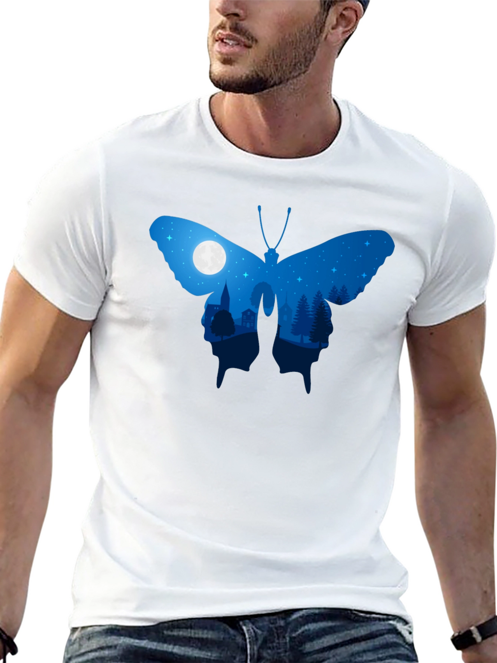 Butterfly Nightscape Graphic Tee - Black Cotton Blend