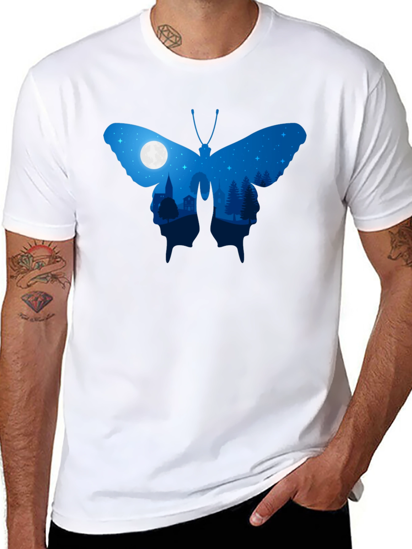 Butterfly Nightscape Graphic Tee - Black Cotton Blend