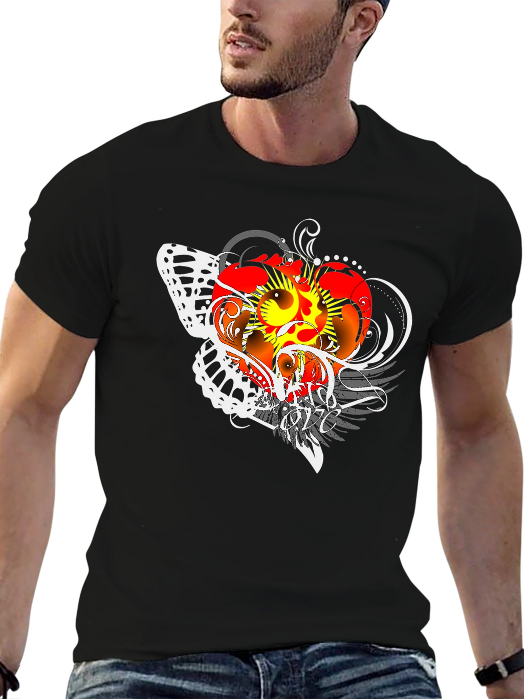 Graphic Print Black T-Shirt with Butterfly Design