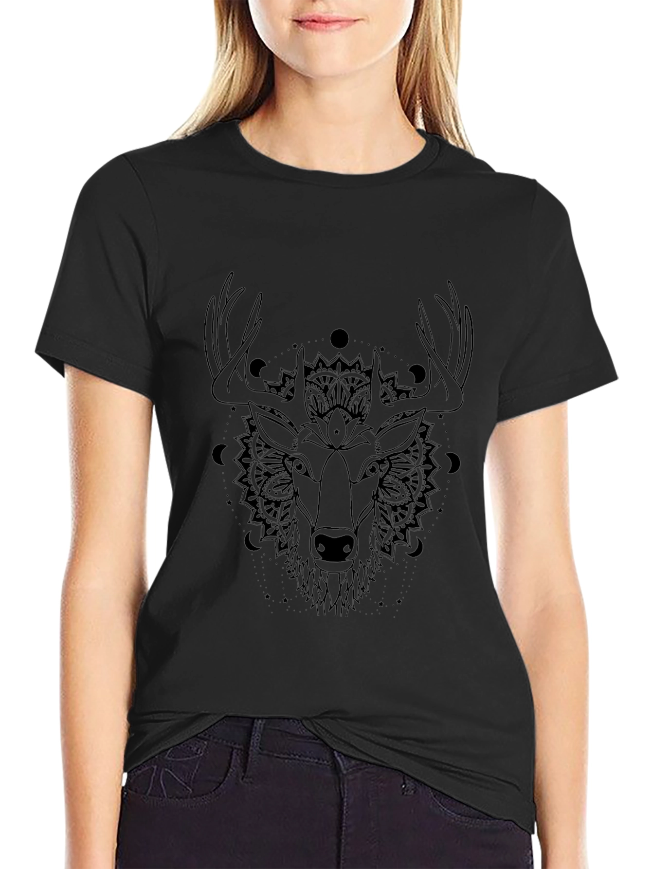 Mystic Deer Graphic Tee - Black Cotton