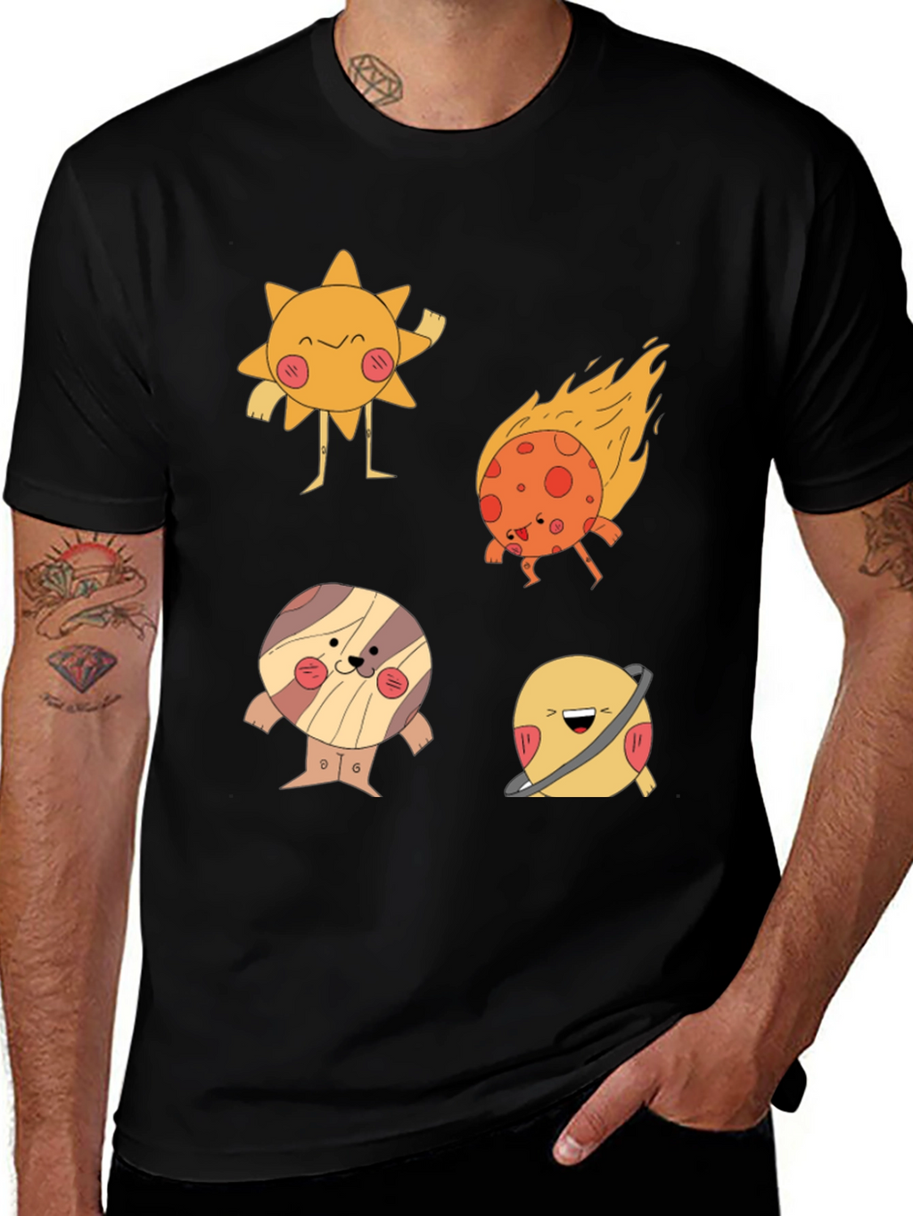 Cartoon Planet Print Black T-Shirt