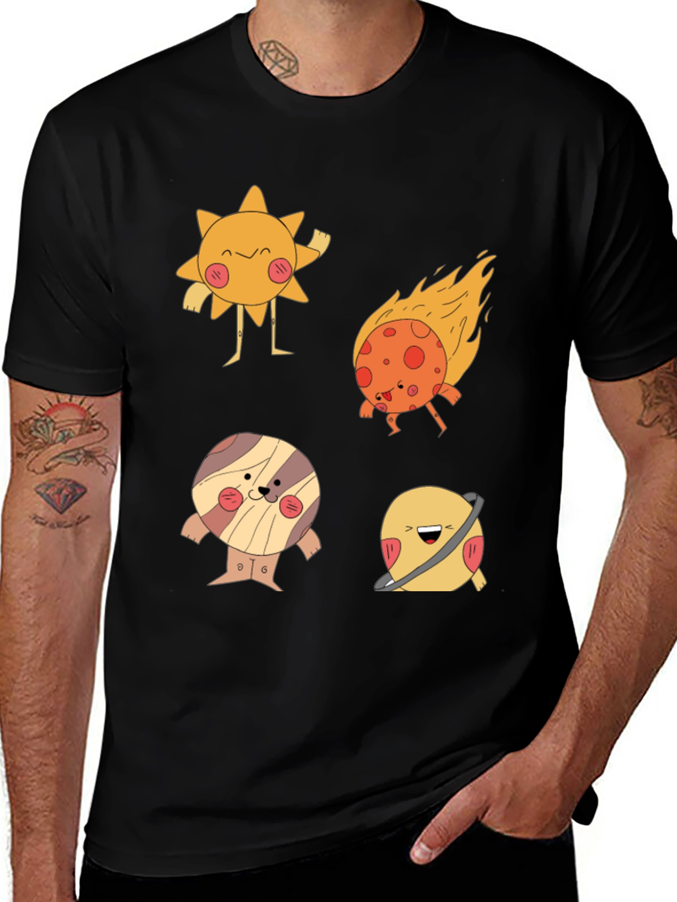 Cartoon Planet Print Black T-Shirt