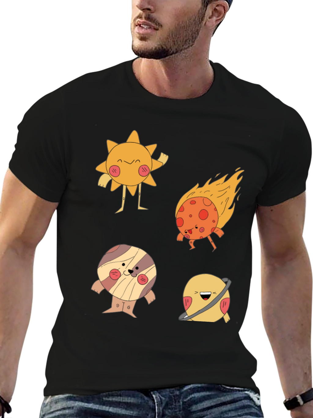 Cartoon Planet Print Black T-Shirt