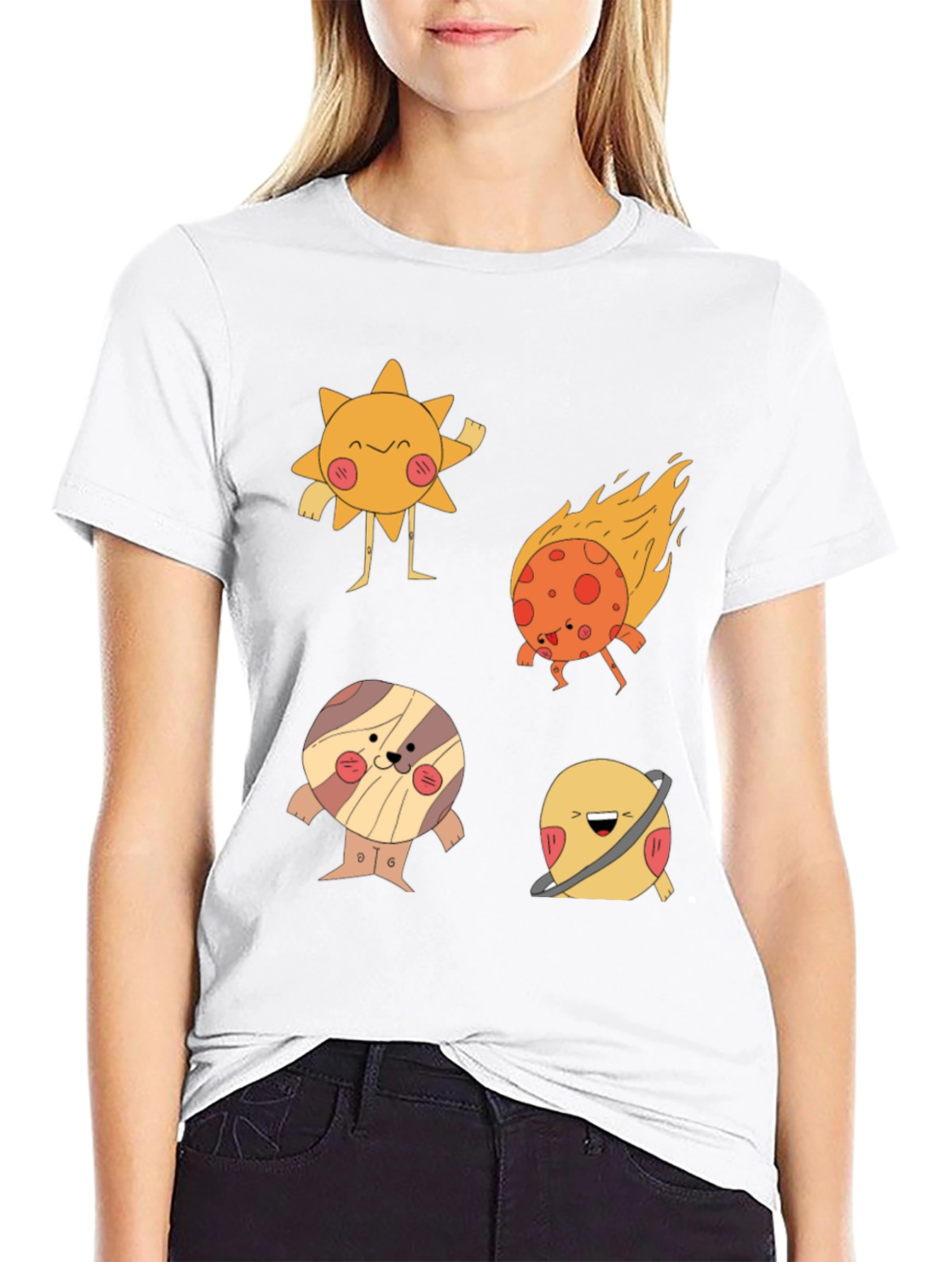 Cartoon Planet Print Black T-Shirt